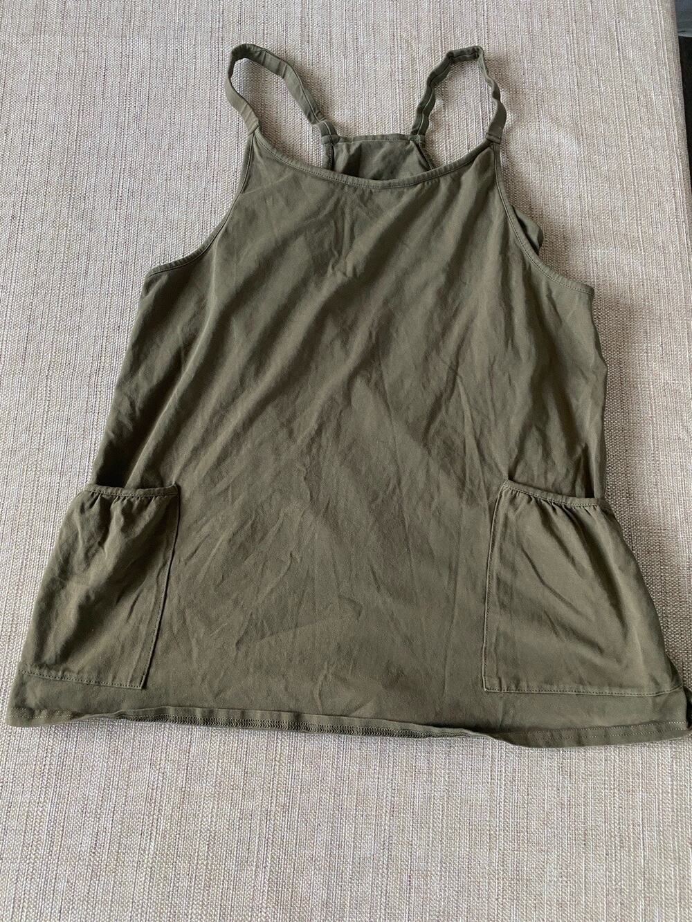 Women’s Olive Green Athletic Tank Dress Built-In Shorts Pockets Exercise Dress S
